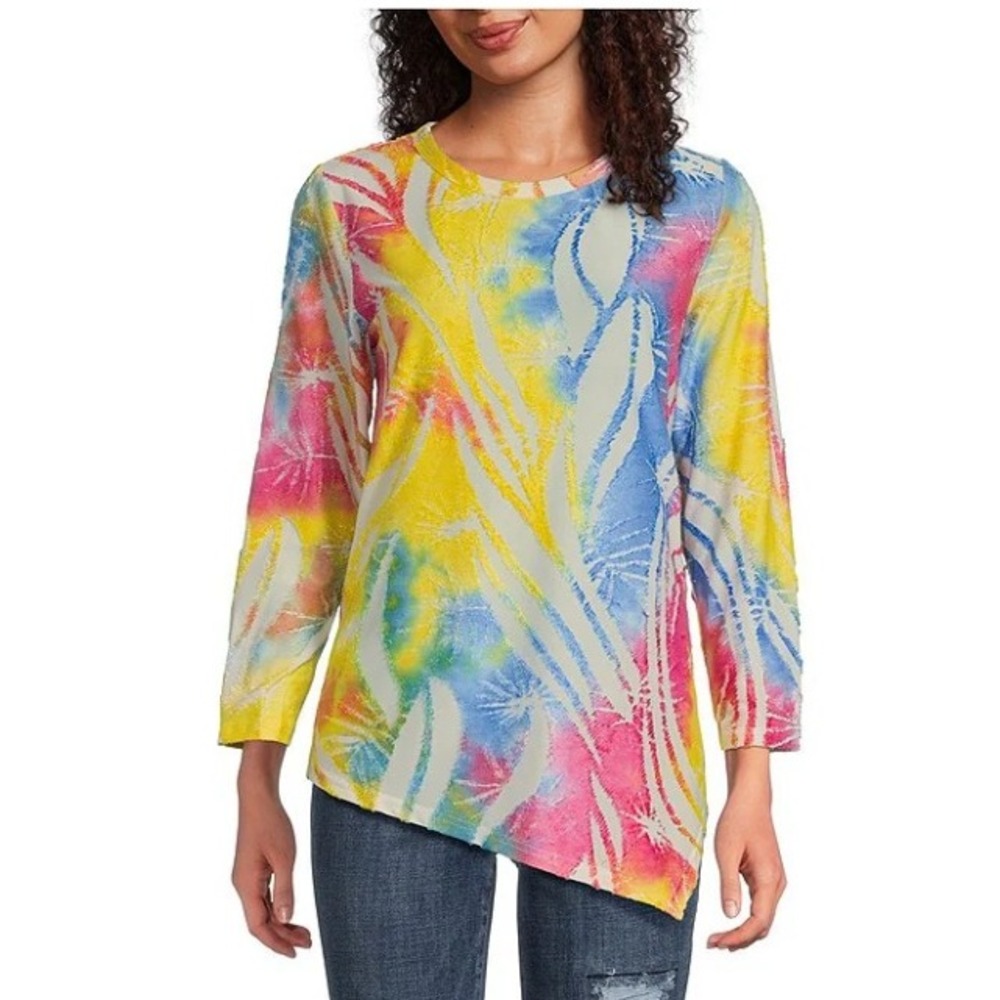 Calessa Tunic Womens Large Bright Burnout Tie Dye Top Asymmetrical Hem Artsy New - Picture 2 of 8